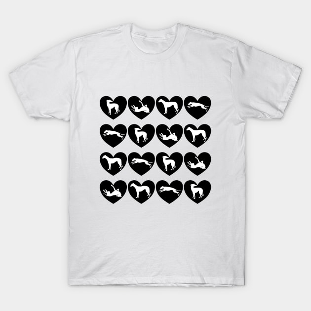 Greyhound Silhouettes Inside Black Love Hearts T-Shirt by Greyt Graphical Greyhound